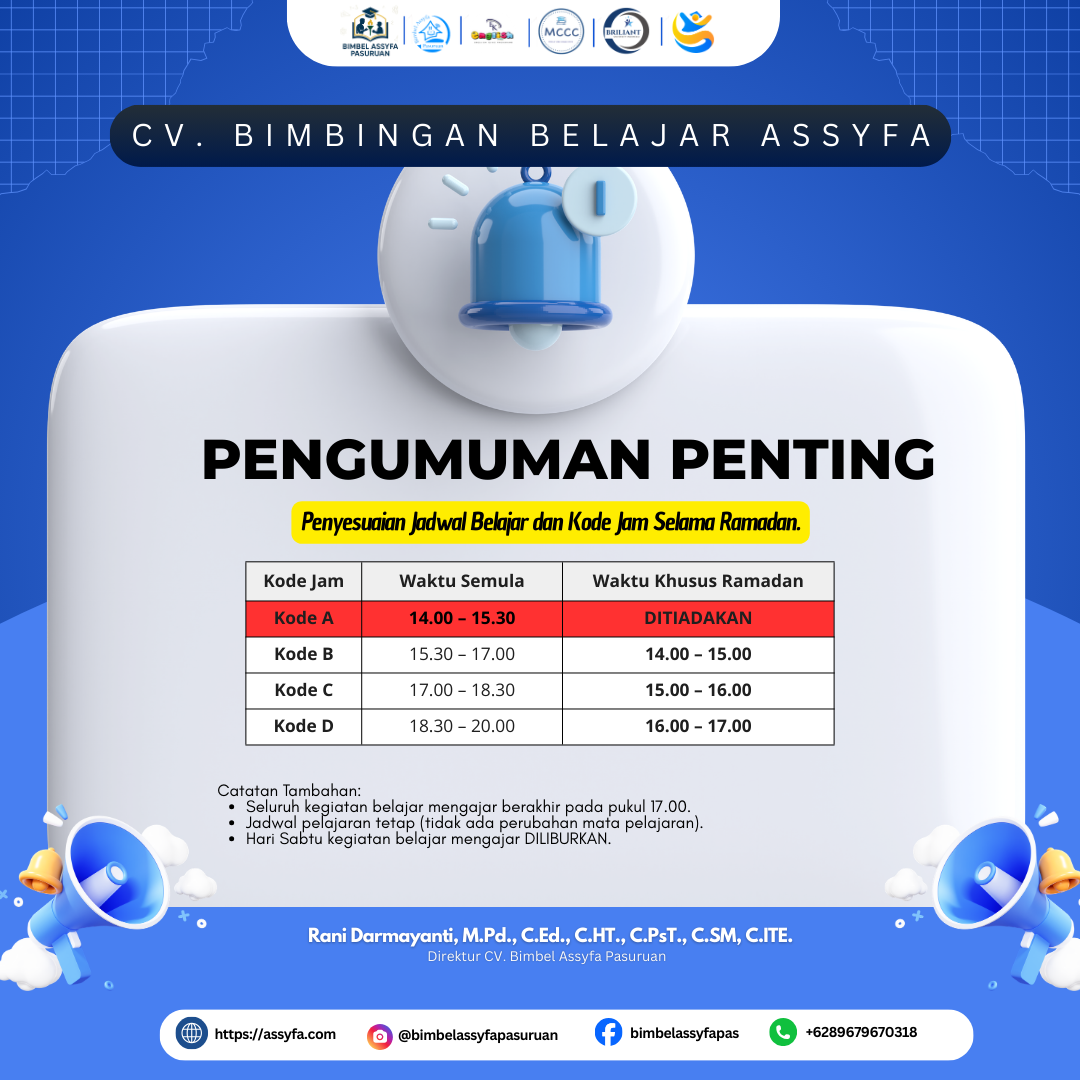 Pengumuman: Bimbel Assyfa Pasuruan Sesuaikan Jadwal Belajar Selama Ramadan